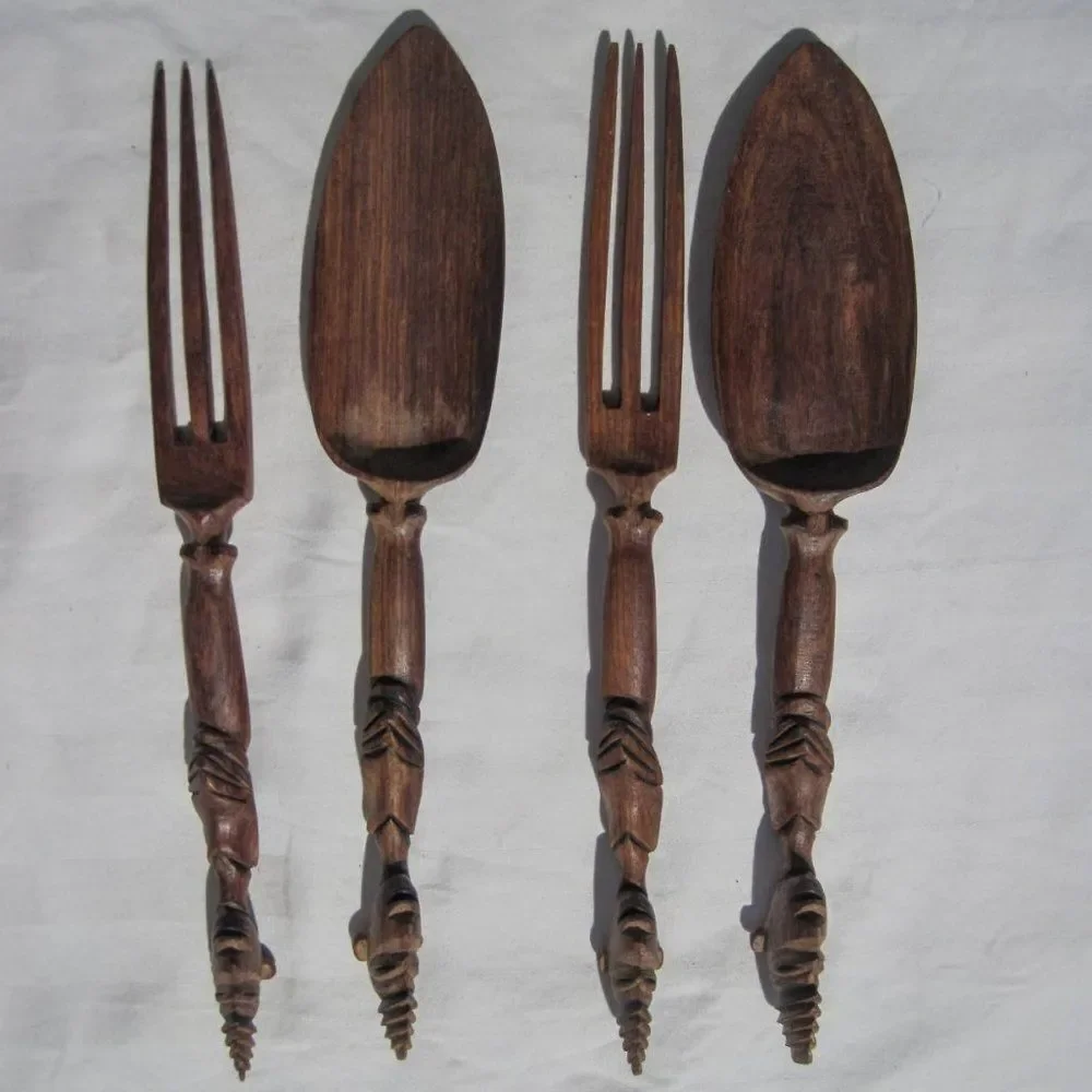 Bundle of six (6) dark, rich wood teak wooden hand-carved utensils